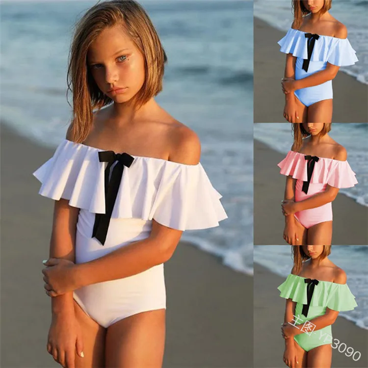 

CALOFE Girls Off-shoulder Bow Baby Solid Swimwear Girl Swimsuit Kids Bathing Suit Summer Beach Swimming Costume Clothes