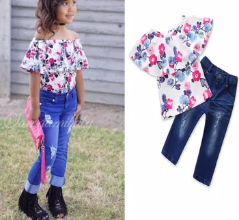 

Children's clothing summer set floral t shirt + pants denim Girls set twinset 2-7T sylvia 38214518020