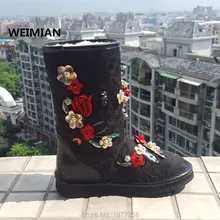 WEIMIAN Fashion Brand Women Luxury Winter Boots Flowers Embroidery Booties Top Quality Ankle Boots Fur snow boots winter shoes