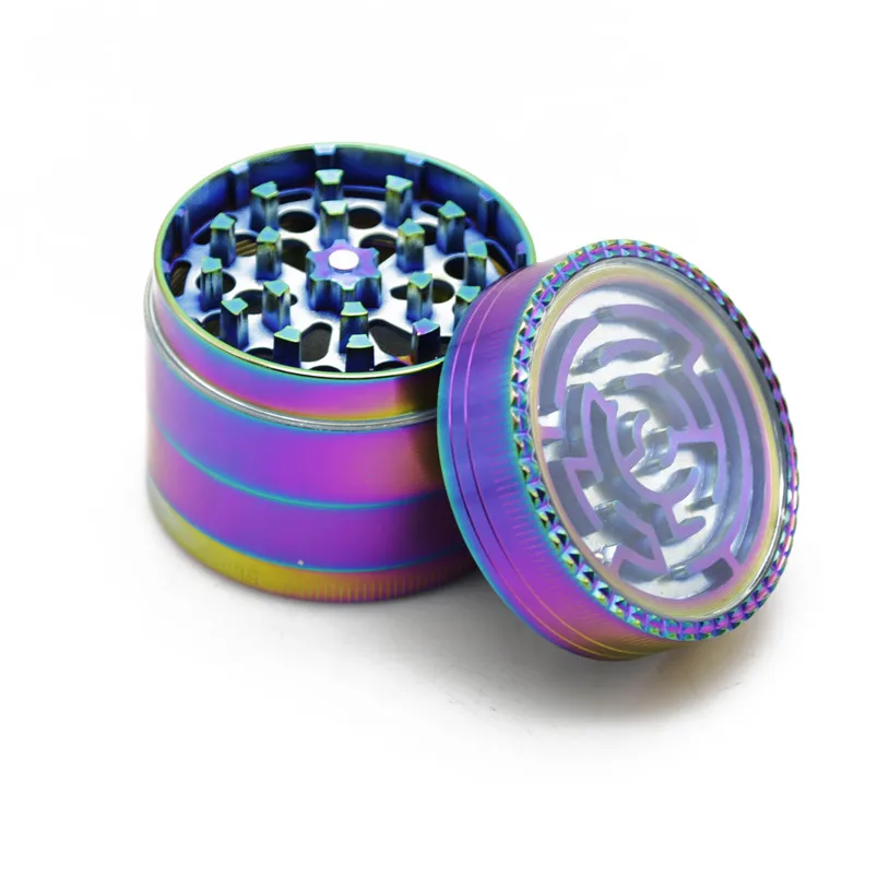 

1Pc 52mm 4 Layers Maze Ice Blue Rainbow and Pure Colors Herb Grinder Metal Zinc Alloy Tobacco Crusher Hand Muller Spice Grinder