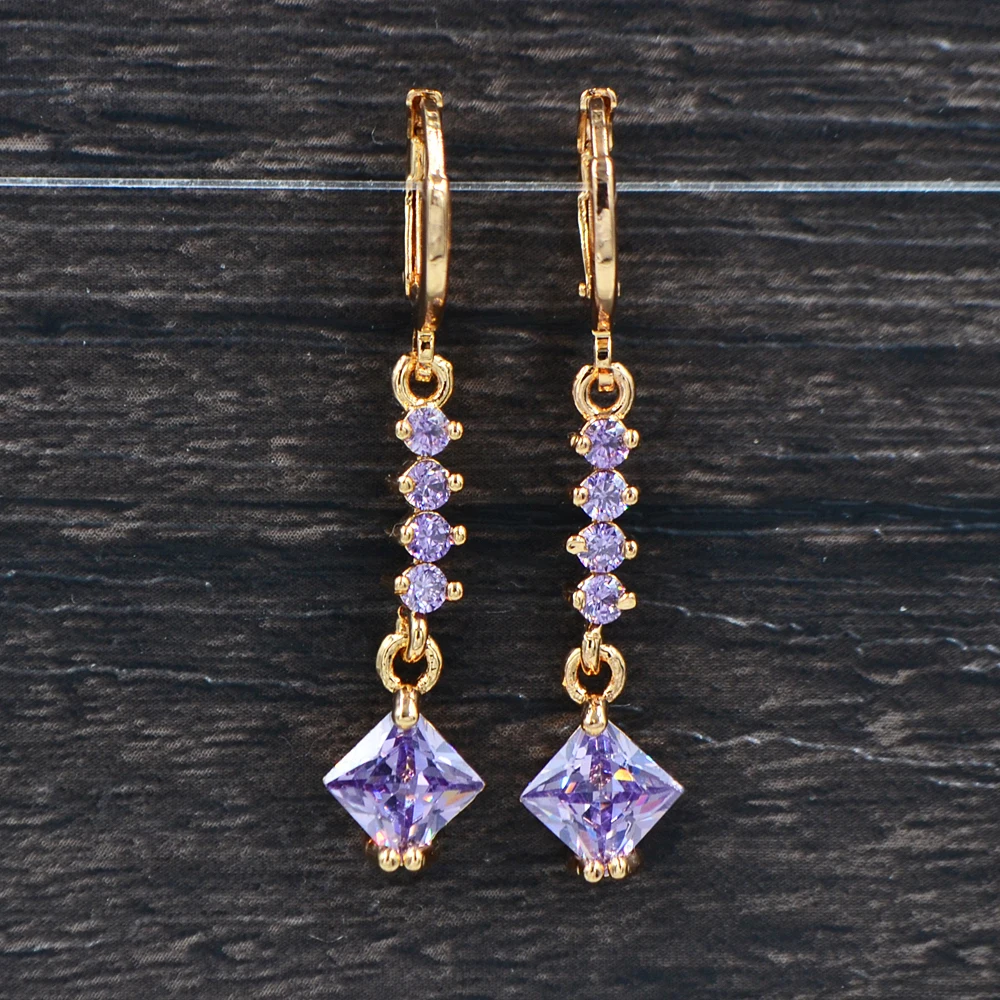 

Fashion Girls Gold Color Royal Purple Zirconia CZ Drop Earrings For Women