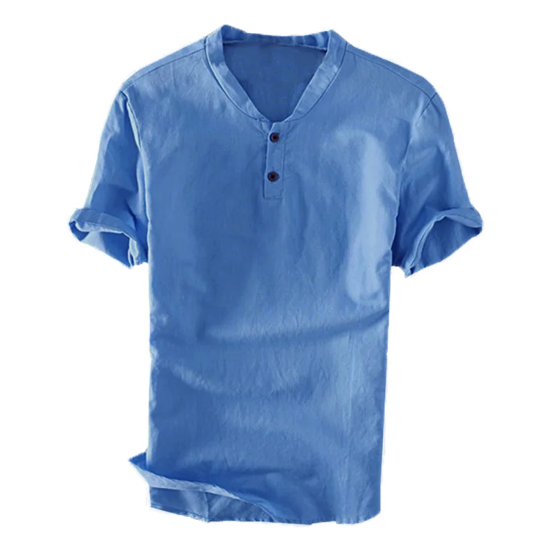 Повседневные рубашки из хлопка и льна, мужские пуловеры, белые одноцветные летние рубашки с коротким рукавом для отдыха, Мужская одежда, Облегающая рубашка - Цвет: Light Blue