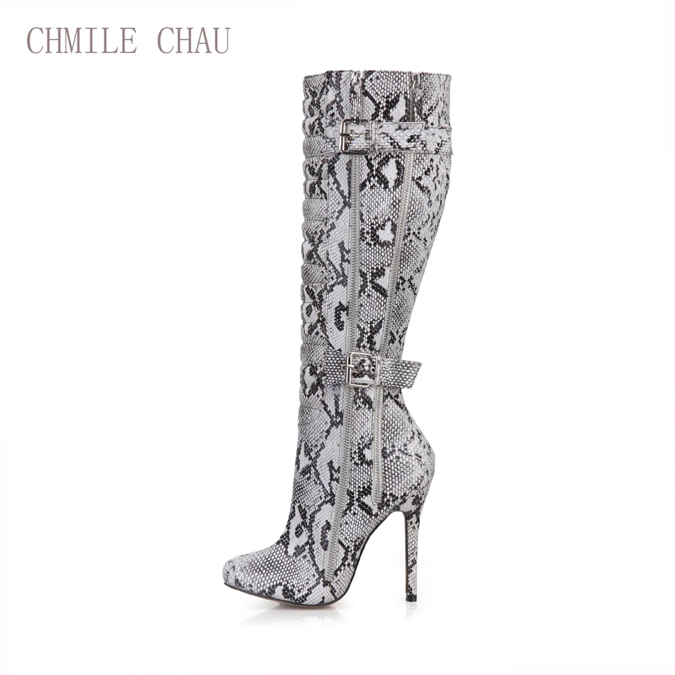 CHMILE CHAU Sexy Party Shoe Women Thin Stiletto High Heel Buckle Zipper Pleated Ladies Knee-High Boots Zapatos Mujer 0640CBT-Y5