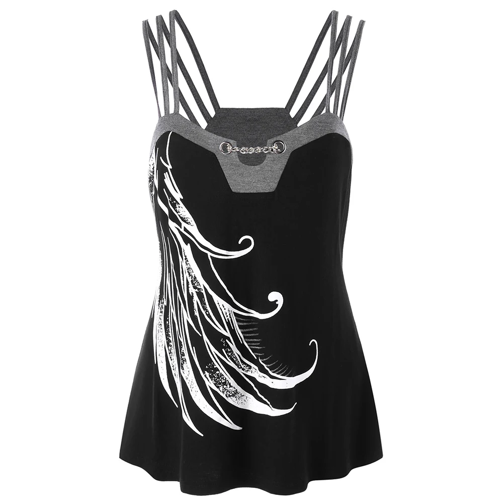 VESTLINDA Plus Size 5XL Summer Women Cami Spaghetti Strap Print Graphic Top Chains Embellished Strappy Tank Top Big Size Clothes 7