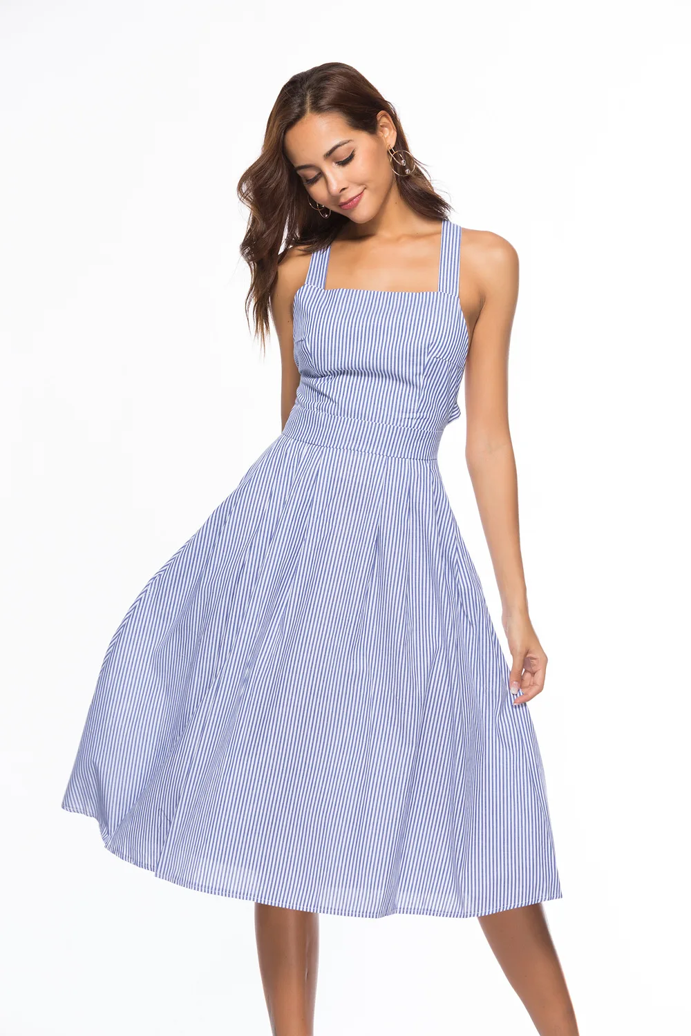 2018 Summer Light Blue Striped Halter Neck Dress Backless  Cross shoulder strap  Sexy striped dress Free Shipping