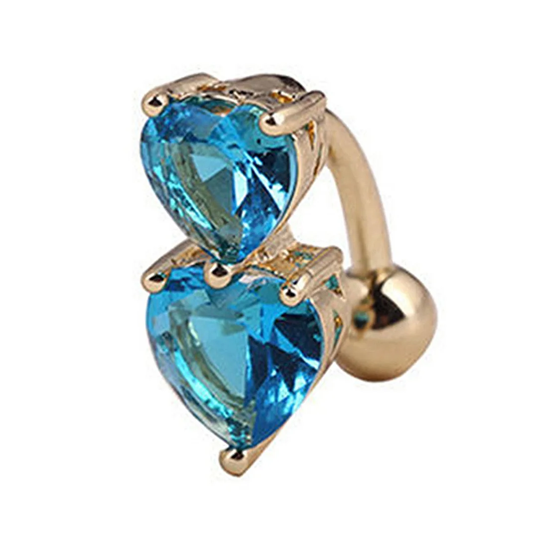 Vintage Charming Stainless Steel Crystal Bar Belly Button Rings Body Piercing ombligo Two Heart Sexy Bikini Navel Ring Shellhard