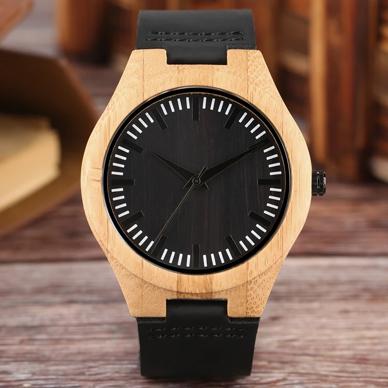 

All-match Unisex Wooden Watch Simple Fashion Black Dial Genuine Leather Strap Sporty Men Women Wood Wristwatch Cool Bamboo Clock