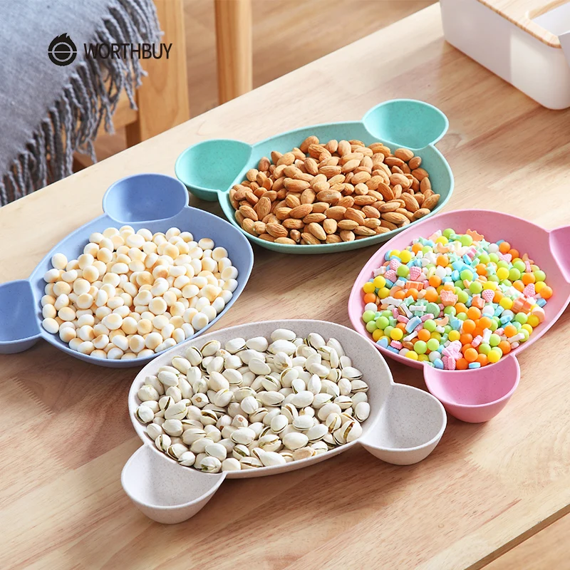 

WORTHBUY Cute Cartoon Kids Snack Plate Eco-Friendly Wheat Straw Dry Fruit Plate For Children Food Container Dinner Plate Dish