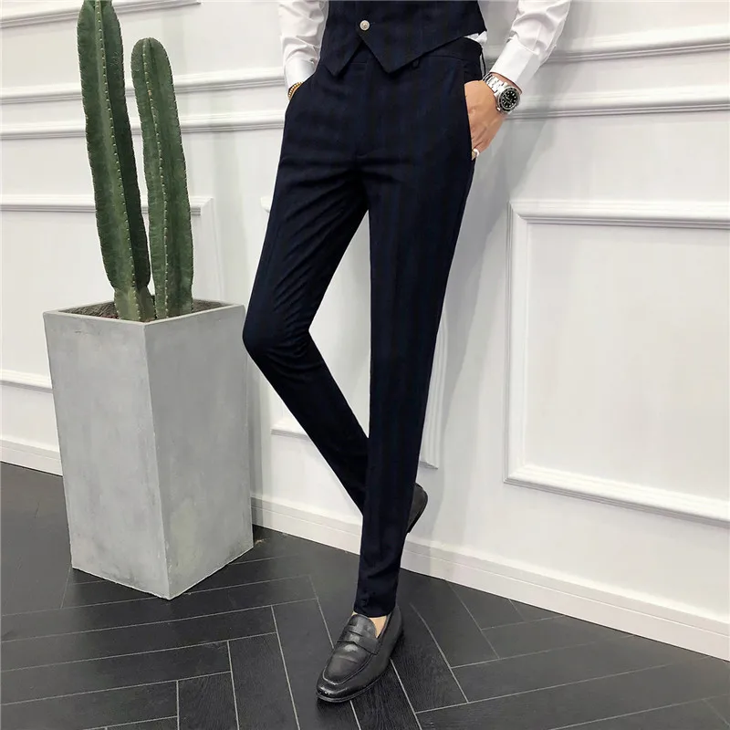 Fashion Men Striped Pants Black Gray Slim Youth Mens Suit Pants Size 28-36 Business Leisure Trousers Man