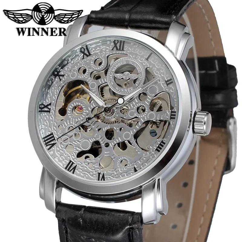 

WRG8078M3S1 new arrival free shipping winner Automatic men silver color skeleton watch with black leather band wristwatch