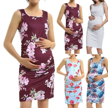 

Pregnancy Dress Fashion Women Sleeveless Floral Print Bodycon Ruched Pregnant Soft Dress Robe Grossesse Props Plus Size Dresses