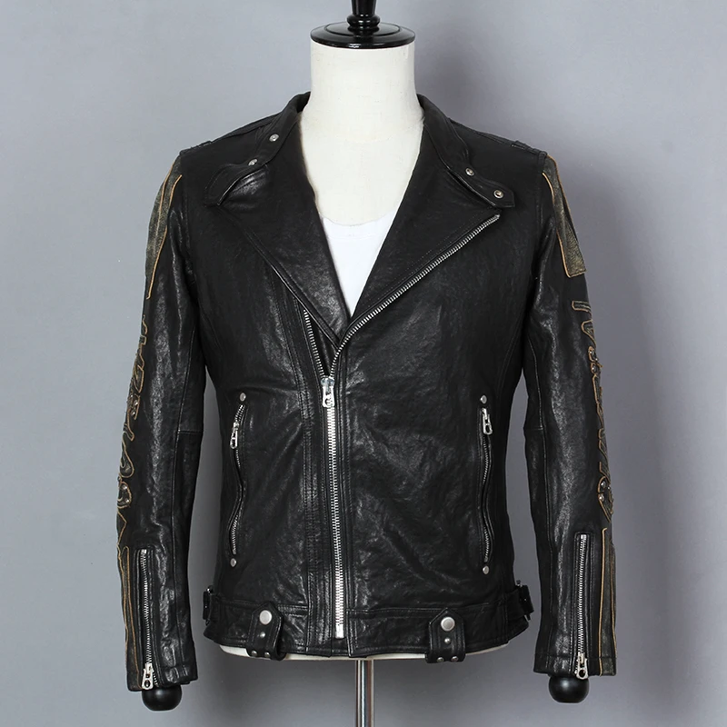 2019 Black Men Diagonal Zipper Slim Fit Biker's Leather Jacket Plus