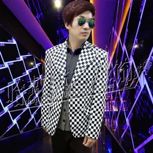 New arrival Men Singers New Fashion PU Leather Coat Stage Show Black White Plaid Slim Suit Jacket Clothing Costumes S-5XL