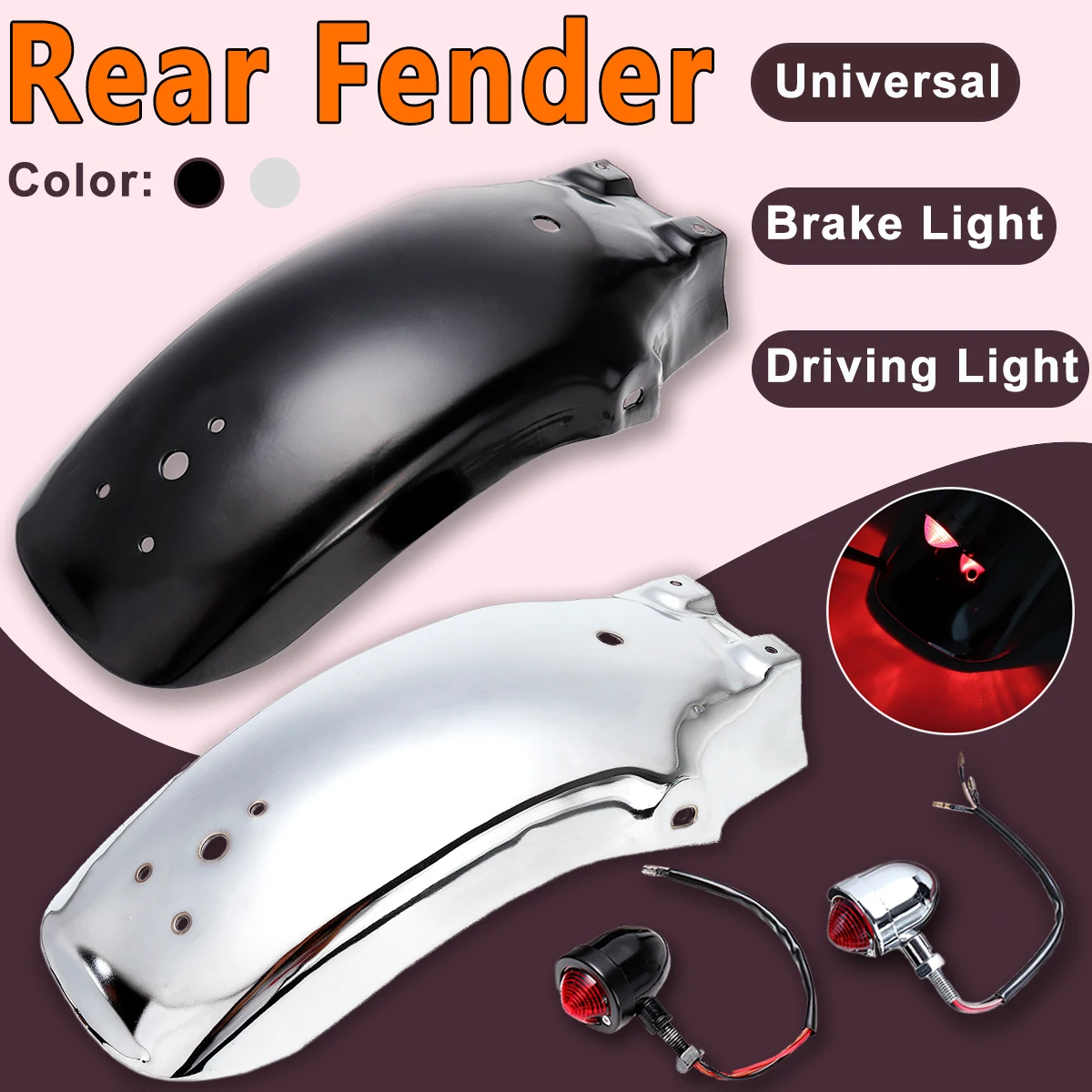 

1Pcs Universal Motorcycle Rear for Fender Metal Mudguard With Red LED Driving Light Brake Light Rear Cover Accessories