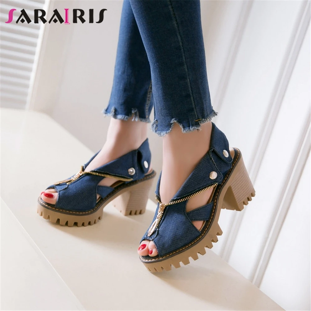 

SARAIRIS New Big Size 34-43 Zip Metal Decoration Platform Square High Heels Shoes Woman Casual Party Retro Summer Sandals