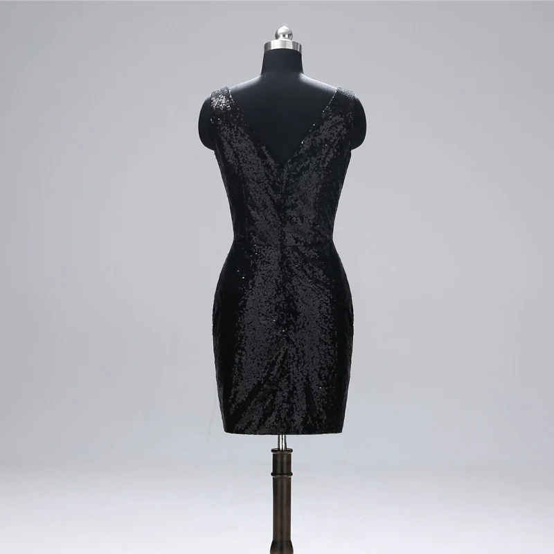 Сексуальные короткие платья с глубоким v-образным вырезом для выпускного вечера Мини Черное вечернее платье с блестками вечерние платья