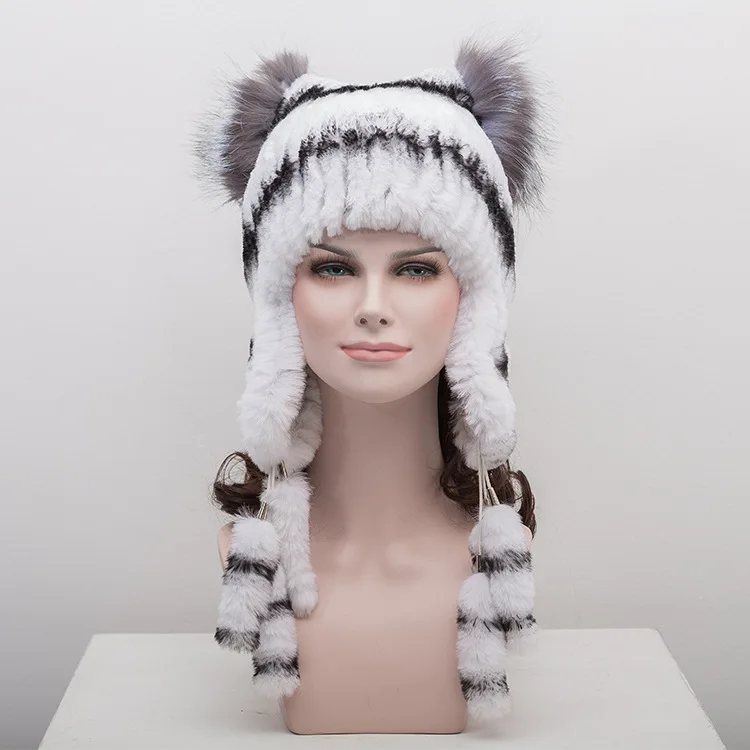 [Rancyword] Теплые зимние меховые шапки для женщин милые кошачьи ушки шапочки Skullies женские вязаные Настоящий мех кролика шапка RC1268 - Цвет: white