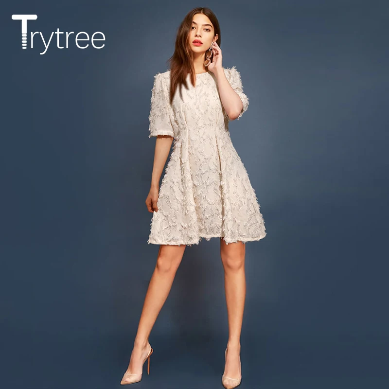 Летнее осеннее платье Trytree женское Повседневное трапеция с бахромой однотонное 2