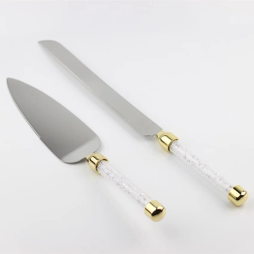 

stainless steel 18/8 with gold handle and rhinestones wedding cake knife and shovel dinnerware server set