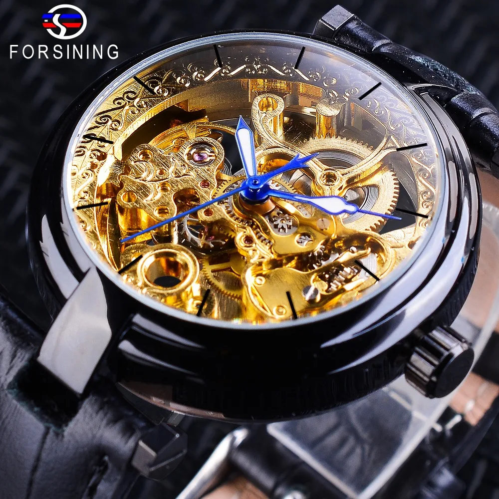 

Forsining Fashion Black Golden Skeleton Watches Blue Luminous Hands Genuine Leather Men's Mechanical Wristwatch Waterproof Clock