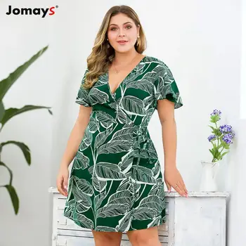 

Large Size New Women Dress Summer Deep V Neck Leaf Print Sashes Bandage Dresses Short Sleeve Plus Size Casual Vestidos Elegant