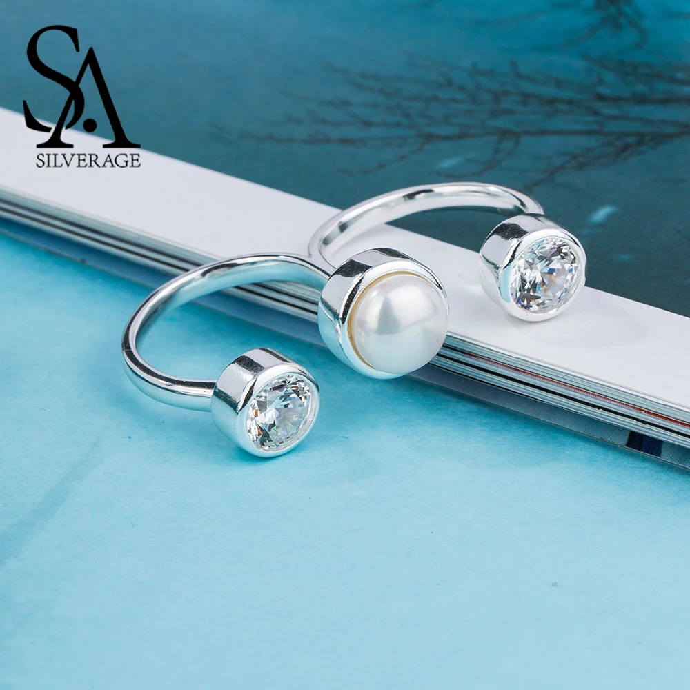 SA SILVERAGE набор обручальных колец из стерлингового серебра 925 пробы для женщин ювелирные украшения круглый пресноводный жемчуг двойные кольца на пальцы женщин