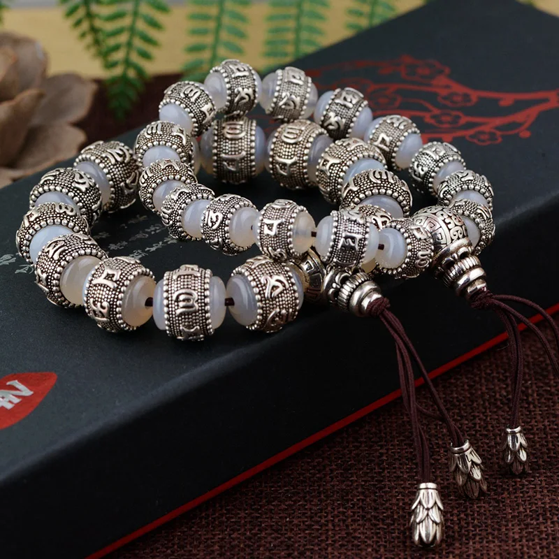 

Om Mani Padme Hum Bracelet Chalcedony Inlaid 925 Silver Natural Stone Couple Bracelet Men Women Tibetan Buddhism Jewelry