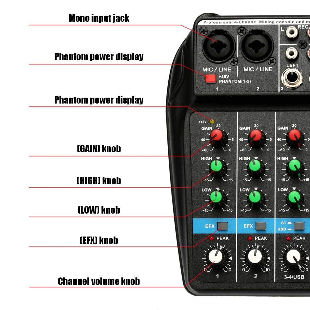 TU04 BT микшерный пульт записи 48 В Phantom power Monitor AUX Paths Plus Effects 4 канала аудио микшер с USB