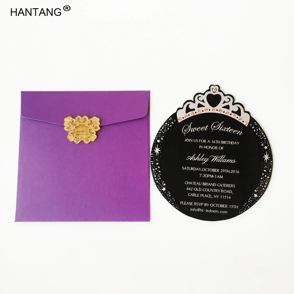 Carte D Invitation D Anniversaire En Acrylique Noir Couronne De Princesse Ronde 150x170mm Carte D Invitation Douce A Seize Pieces Par Lot 100 Pieces Aliexpress