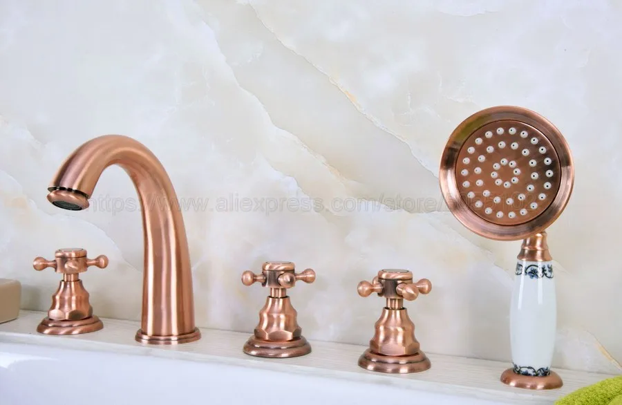 Bathroom Bathtub Faucet Antique Red Copper 5 Hole Bathroom Faucet Set Hot Cold Mixer Tap with Handheld Shower ztf240