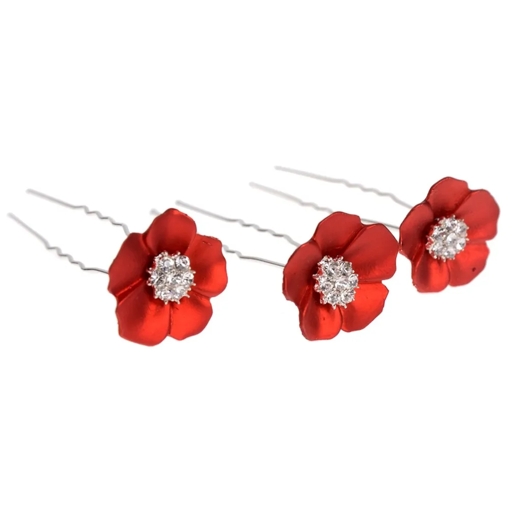 20Pcs/Set Bridal Red Flower Crystal U Pins Elegant Female Hair Pins