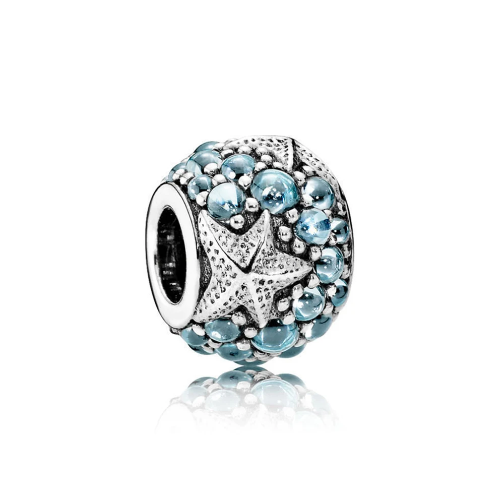 

NEW 100% 925 Sterling Silver Oceanic Starfish Charm Frosty Mint CZ Bead Fits Original Bracelets DIY Jewelry For Mother Gift