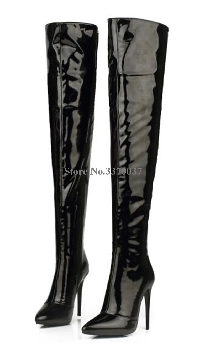 Rojo Sobre Estilo Mujeres Negro Tacón Largo Botas Marca Cuero De Sexy Punta Delgado Charol Negro rojo Diseño La En Fino Espejo Rodilla 0ZAWqpng