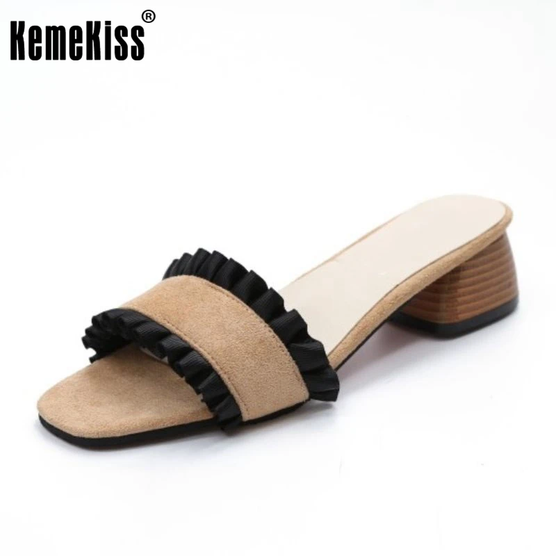 

KemeKiss Elegant Women Flock High Heel Sandals Open Toe Pleated Slippers Summer Club Fashion Shoes Women Footwear Size 35-39