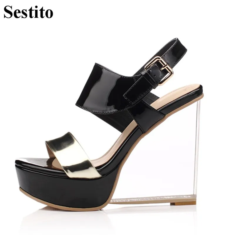 

Concise Black Peep Toe Casual Sandals Super High Transparent Wedges Platform Women Sandals Mixed Colors Buckle Strap Women Shoes