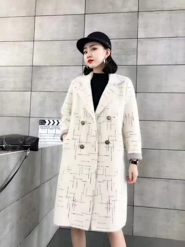 

Faux Fur Coat Women Long Outwear Plus Size Wide-waisted Female Knitted Thick Warm Fur Double Breasted Pockets Full Sleeve