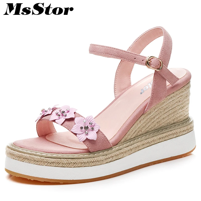 

MsStor Women Round Toe Wedges Sandals Fashion Flower Crystal High Heels Woman Sandals Summer Buckle Women Thick Bottom Sandals