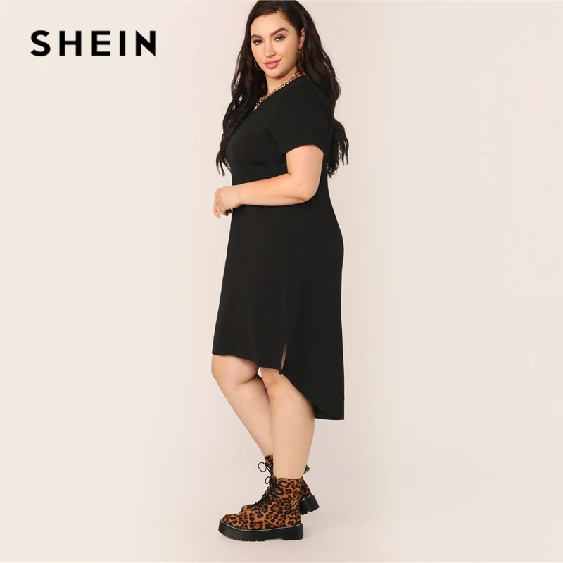 SHEIN, платье-туника размера плюс, черное, с разрезом, с высоким-низким подолом, однотонное,, женское, летнее, повседневное, с разрезом, прямое, плюс платья