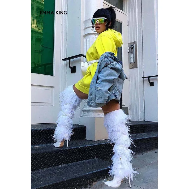

Fashion Ostrich Fur Women Winter Boots Long Fluffy Sexy Party Show Furry Over The Knee Boots High Heels women's Shoes EURO 35-43