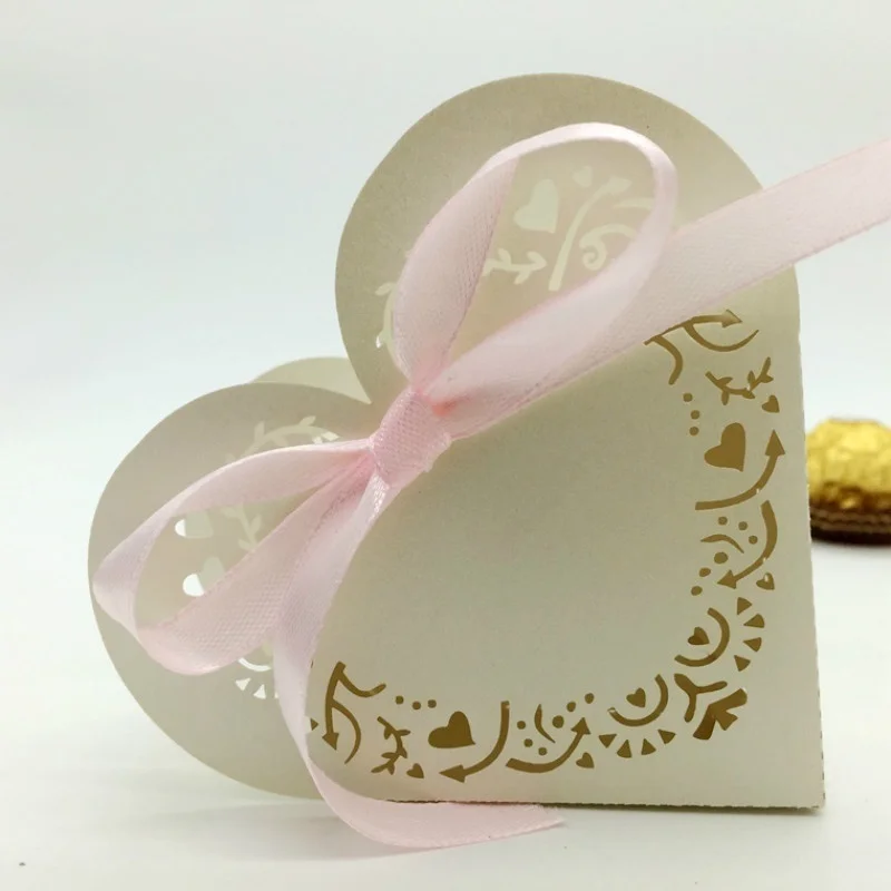 10/50PCS Candy Box Heart-shaped dragee Boxes Laser Cut Wedding decoration Party Baby Shower Gift Boxes Pearlscent Paper 5z