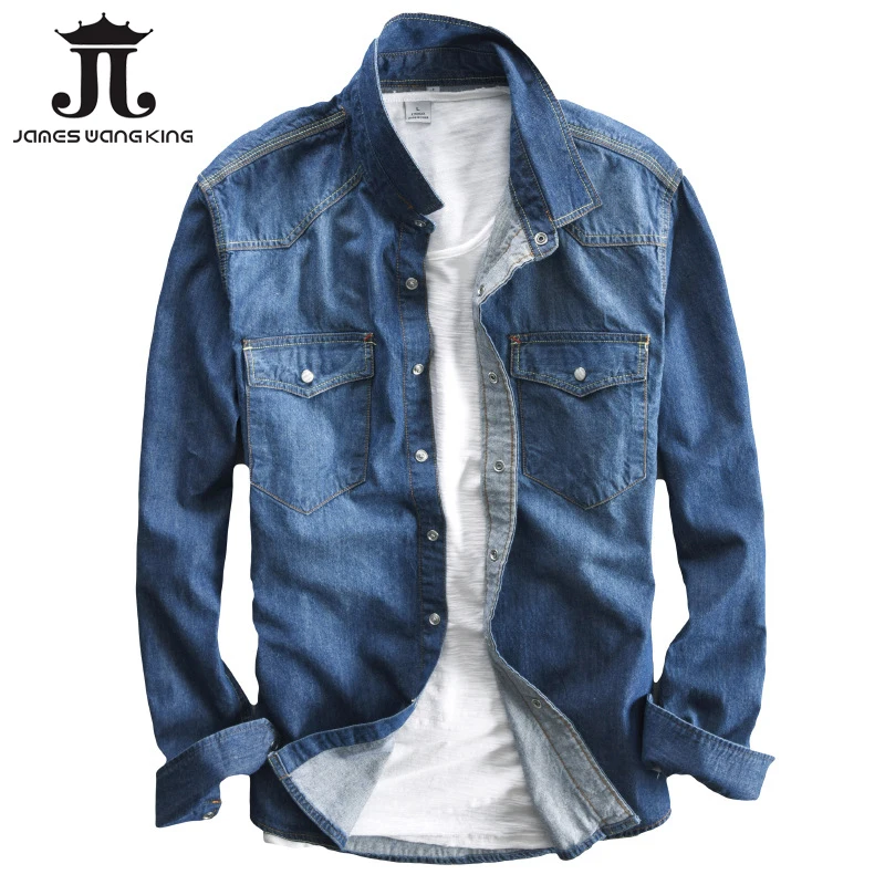 

New Spring denim shirt men fashion Retro Two pockets Long sleeve shirts for man wash Slim soft blue denim shirt M-XXXL