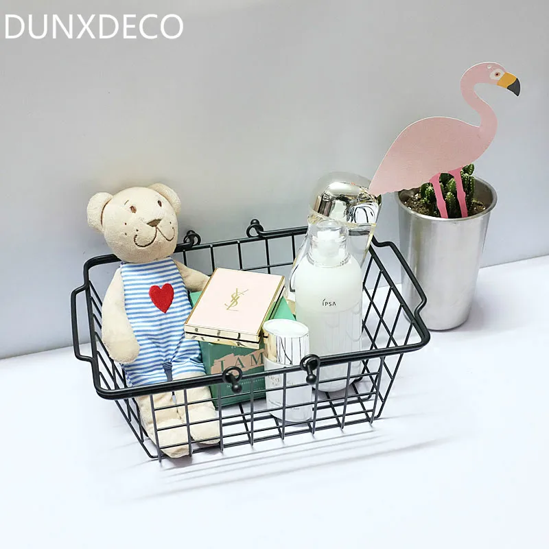 

DUNXDECO Modern Mini Black Simple Hand Carry Cosmetic Storage Basket Multifunction Iron Craft Table Organise Home Deco Gift