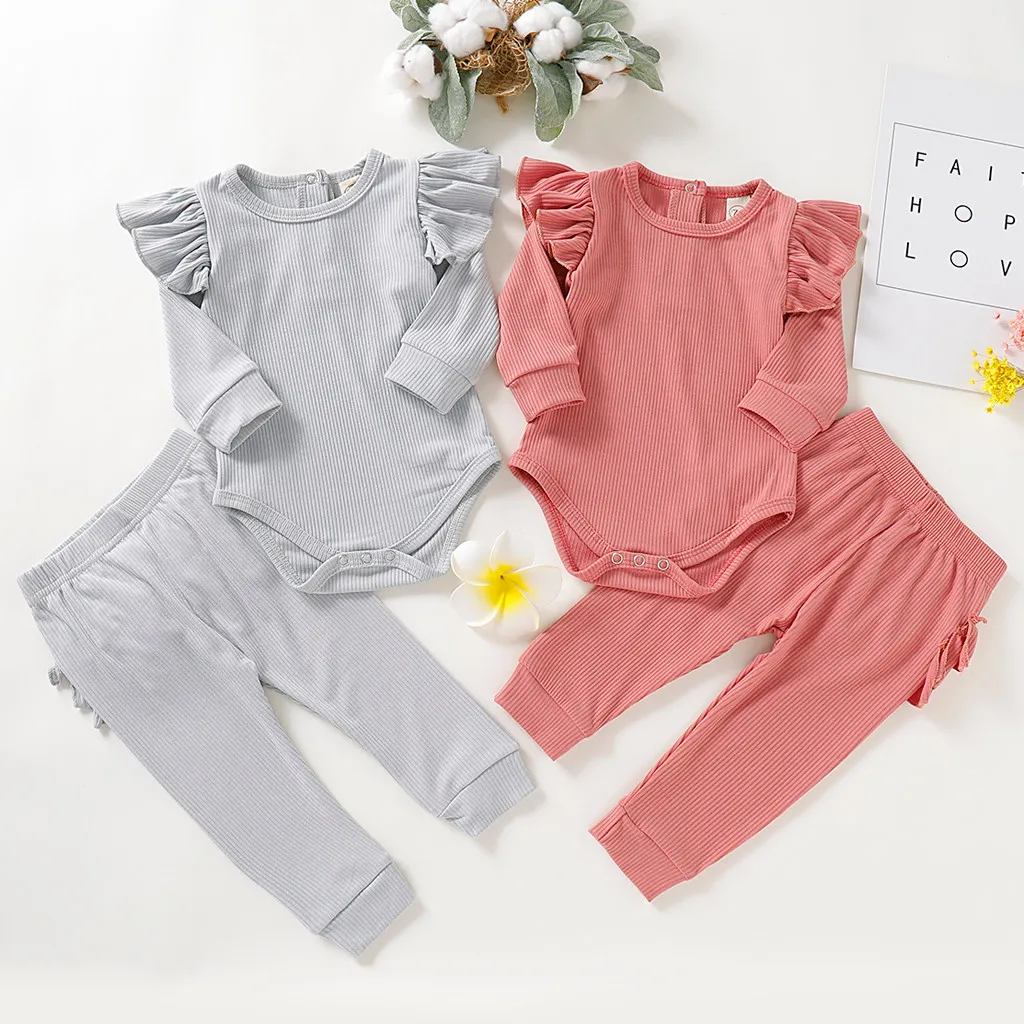 

Girls Clothes Infant Baby Boys Girls Solid Ruffled Tops Pants Homewear Casual Outfits Sets Children Clothes roupa infantil