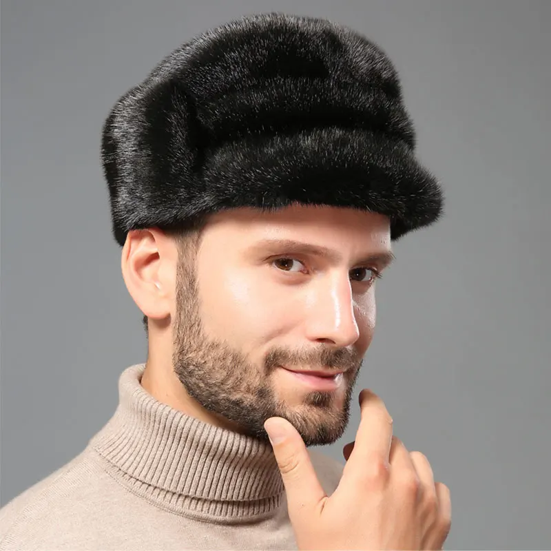 

Winter Real Fur Hat Men Mink Fur Hat Male Mink Fur Trapper Cap Genuine Sheepskin Leather Hunting Hat Ushanka