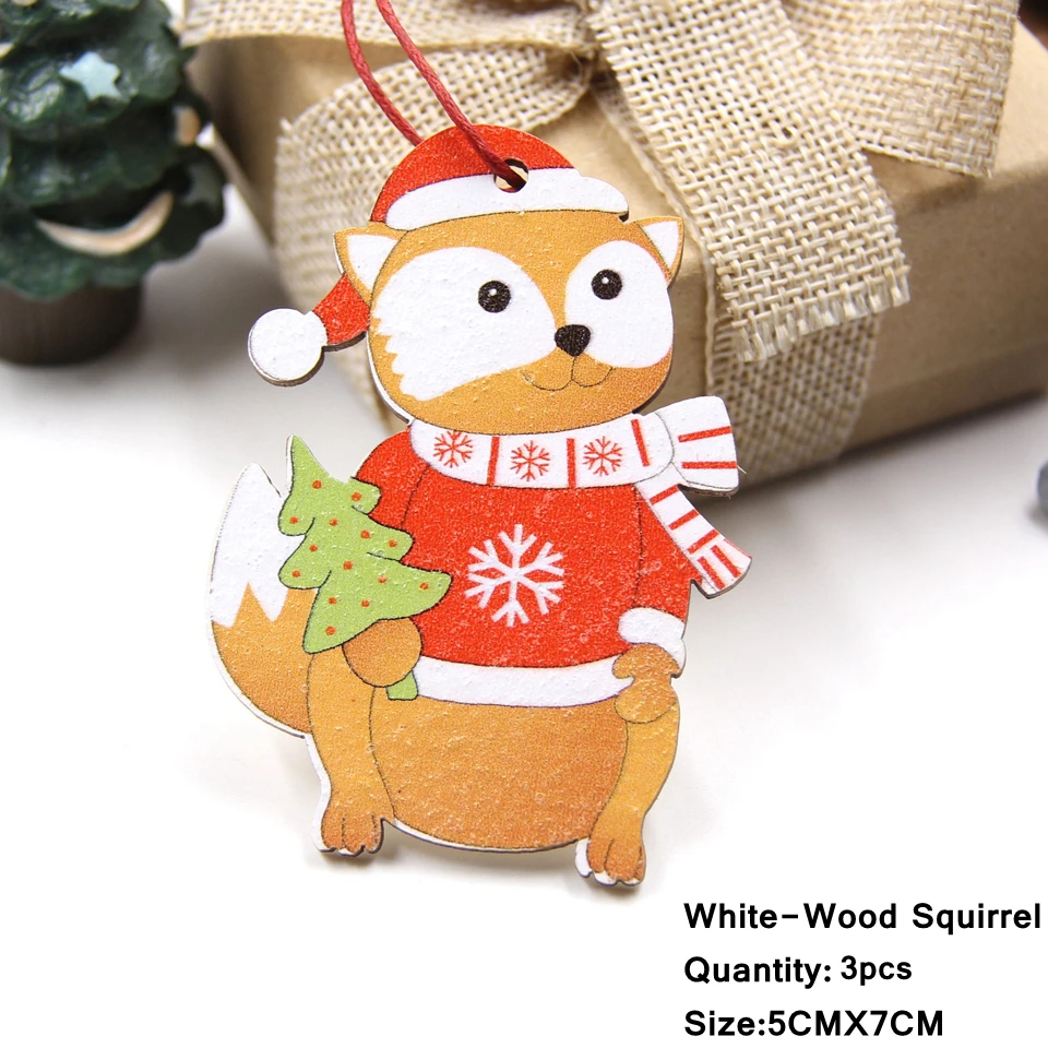 3PCS Lovely Squirrel&Angel Wooden Pendants Ornaments Christmas Wood Craft Kids Toys DIY Christmas Tree Decorations Hanging Gifts - Цвет: 3PCS W-Squirrel C