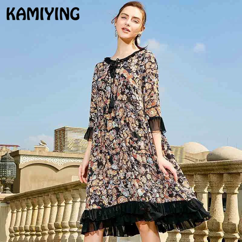 

KAMIYING Spring Summer 2019 Personality Tie V-Collar Splicing Lotus Leaf Side Mulberry Silk Folding Mid-Style Real Silk Dress