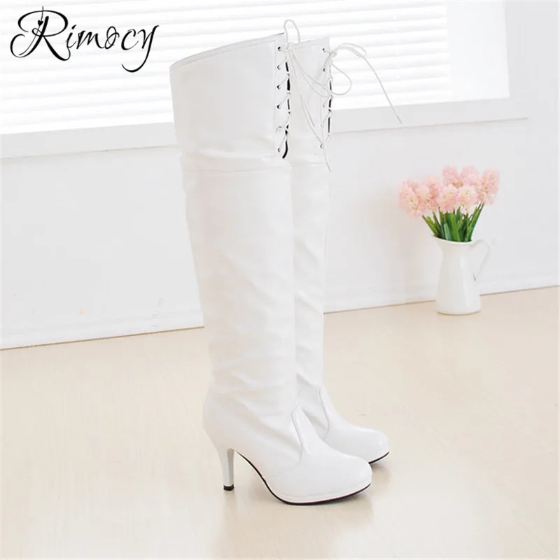 Botines Longues Le Genou 2019 Croix Bottes Stiletto Rimocy Printemps Hauts Talons Chaussures rouge Cuir Femmes En Noir Femme Sur Mujer blanc Liée Verni T13lcF5uKJ