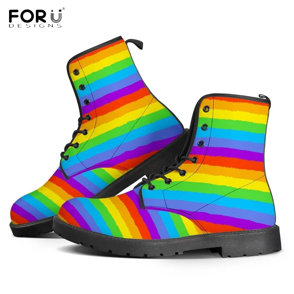 

FORUDESIGNS Rainbow Flags Pride Pattern Woman Leather Boots Motoycycle Style Punk Female Lace Up Boots Shoes Round Toe Botas