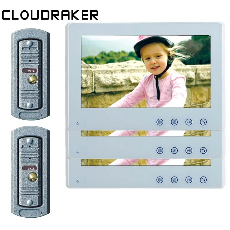 

CLOUDRAKER10'' Big Screen Video Intercom System 3x Monitor with 2x Pinho Wired Video Door Phone Camera IR Unlock