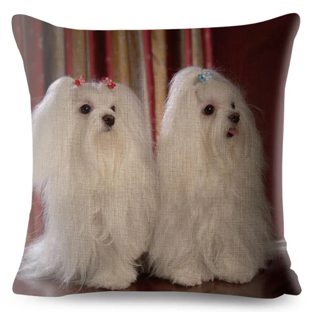 Cute Animal Pet Maltese Dog Pillow Cover Linen Cushion Covers 45*45cm Square Pillow Case Sofa Car Home Decoration Pillowcase